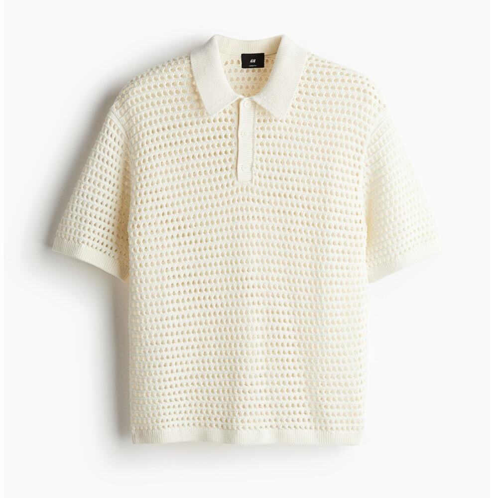 H&M Polo Shirt Loose Fit Hole-knit Cotton Cream Size 2XL